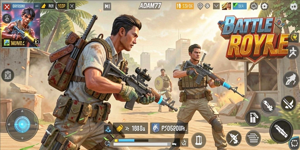Screenshot utama ADAM77 menampilkan aksi seru dalam pertempuran Battle Royale.