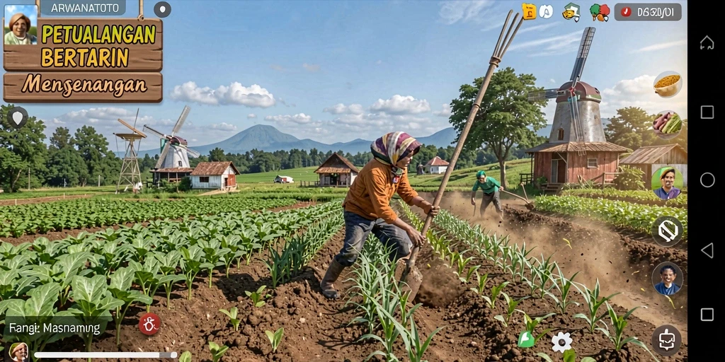Screenshot ARWANATOTO menampilkan ladang hijau subur dan aktivitas bertani.