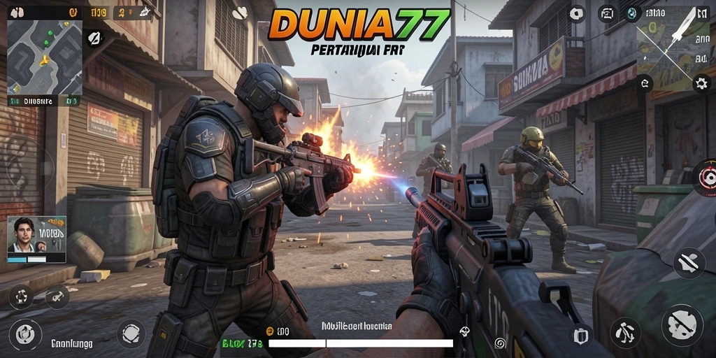 Tampilan pertarungan intens dalam DUNIA77 dengan gameplay FPS yang mengasyikkan.