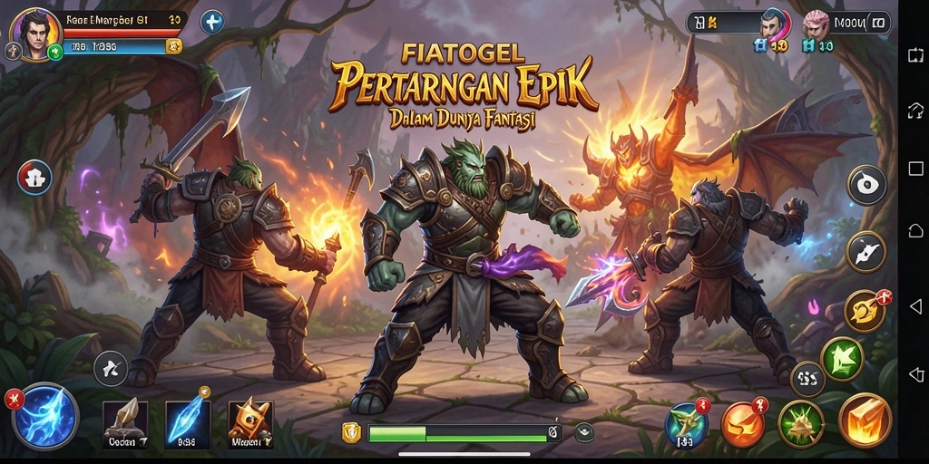 Tampilan aksi seru dari gameplay FIATOGEL dalam dunia fantasi.
