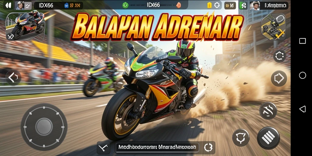 Screenshot gameplay <strong>IDX66</strong> dengan balapan motor yang mendebarkan.