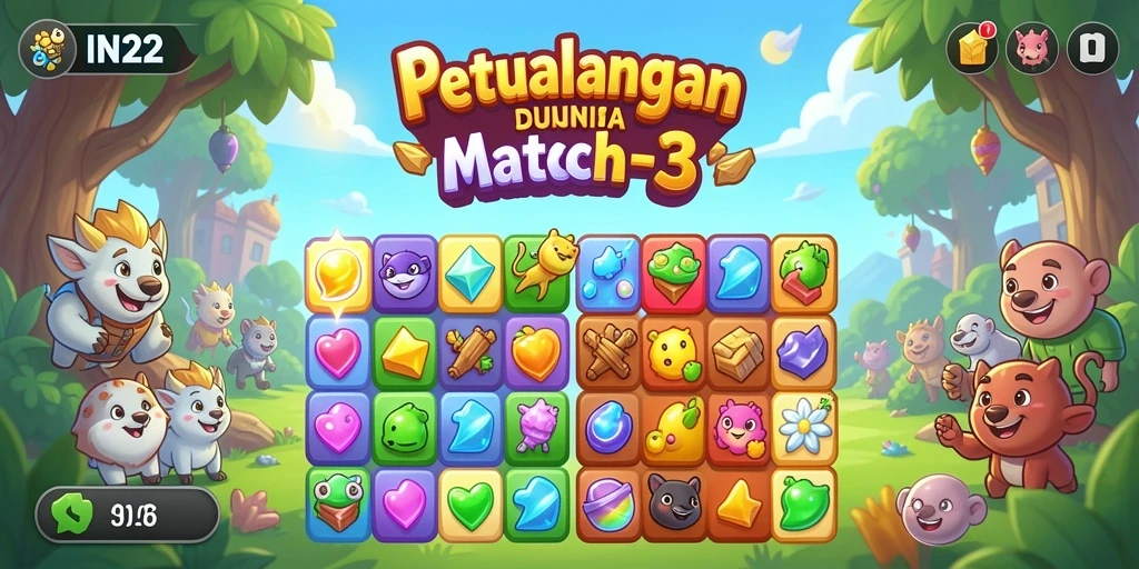 Screenshot menunjukkan momen seru gameplay Match-3 di IN22.