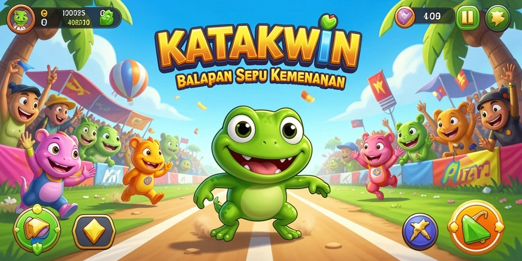 Screenshot gameplay KATAKWIN yang menampilkan akselerasi dan pertempuran seru antara katak.