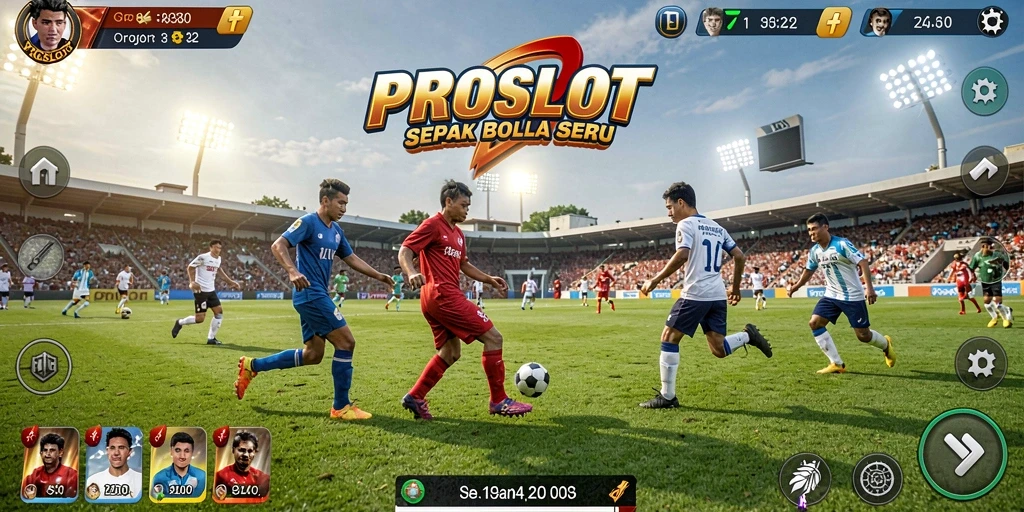 Screenshot gameplay PROSLOT yang menampilkan pertandingan sepak bola yang mendebarkan.