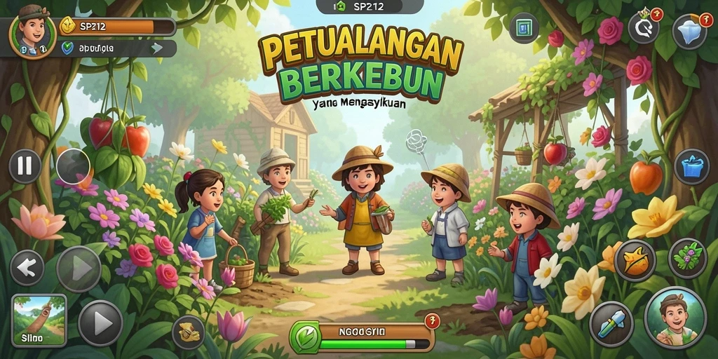 Screenshot utama SP212 menampilkan kebun yang subur dan berwarna-warni.