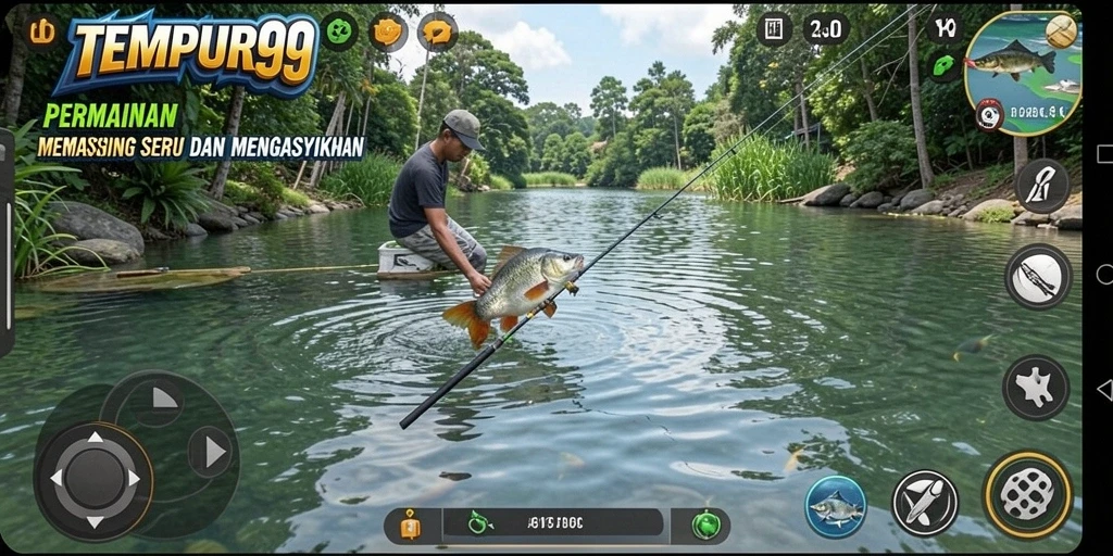 Screenshot gameplay TEMPUR99 dengan aksi memancing yang mendebarkan.