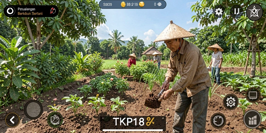 Tangkapan layar dari gameplay TKP188 yang menunjukkan kebun yang subur.