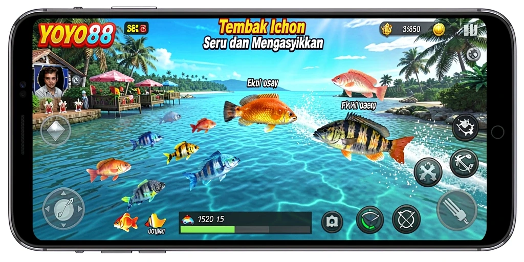 Gameplay seru Tembak Ikan di YOYO88 dengan berbagai ikan berwarna-warni.